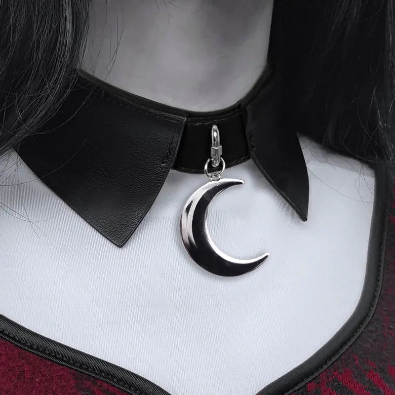 Gothic Style PU Leather Choker with Moon Pendant