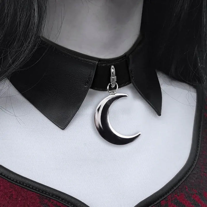Gothic Style PU Leather Choker with Moon Pendant
