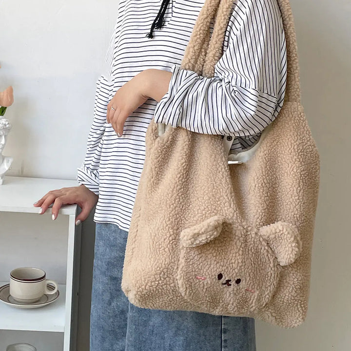 Personalized 3D Cartoon Bear Wool Shoulder Bag for Women
