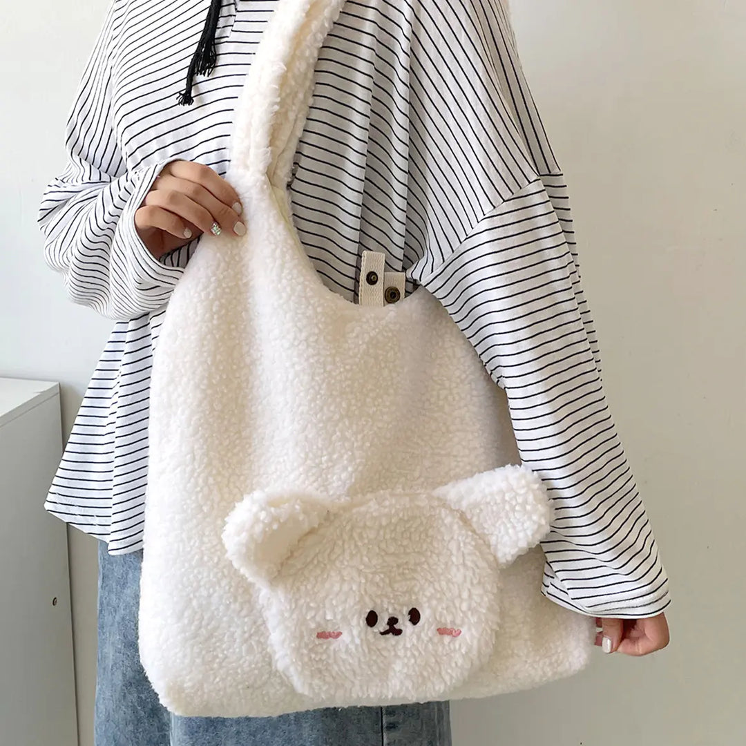 Personalized 3D Cartoon Bear Wool Shoulder Bag for Women