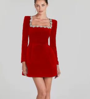 Chloe™ Elegant Summer Long Sleeve Dress with Rhinestones