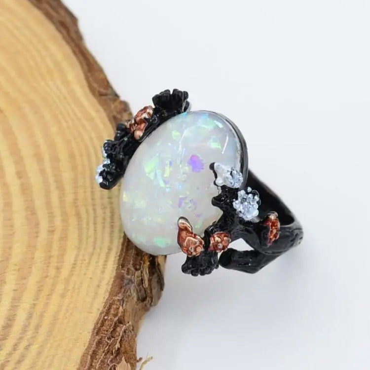 Vintage Flower Opal Ring in Black Gold Finish