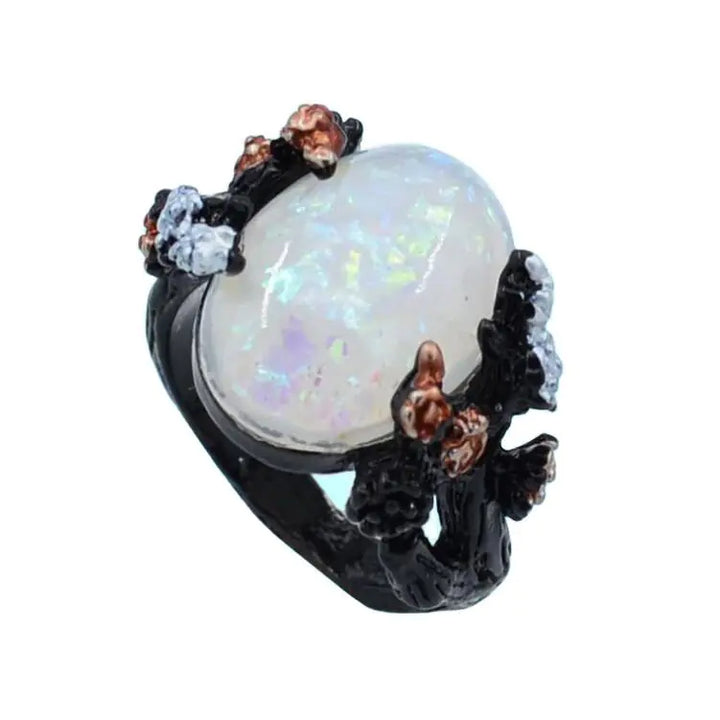 Vintage Flower Opal Ring in Black Gold Finish