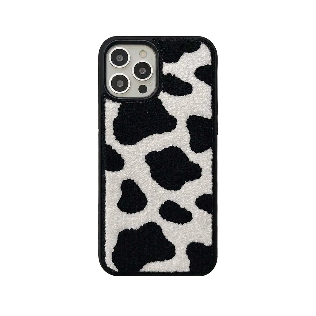 Black & White Dairy Cattle Cow Print Phone Case Compatible with iPhone 15 Pro Max,Cute Embroidery Winter Warm Fur Carpet Case,Soft Fluffy Case for iPhone 15 Pro Max 6.7'' 2023(Cow)